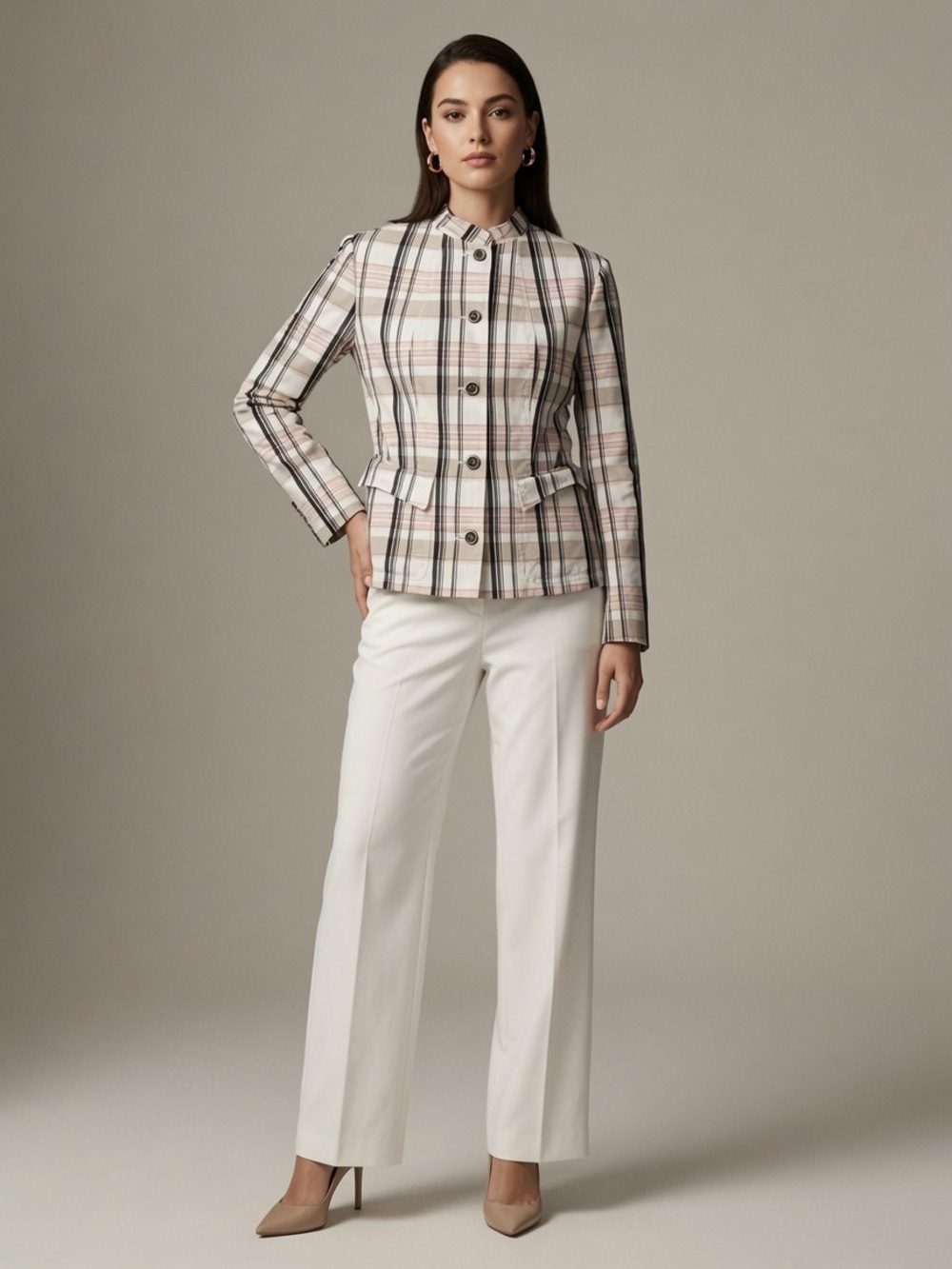 Vintage Carlisle Pink and Beige Plaid Tailored Button Jacket Size 4
